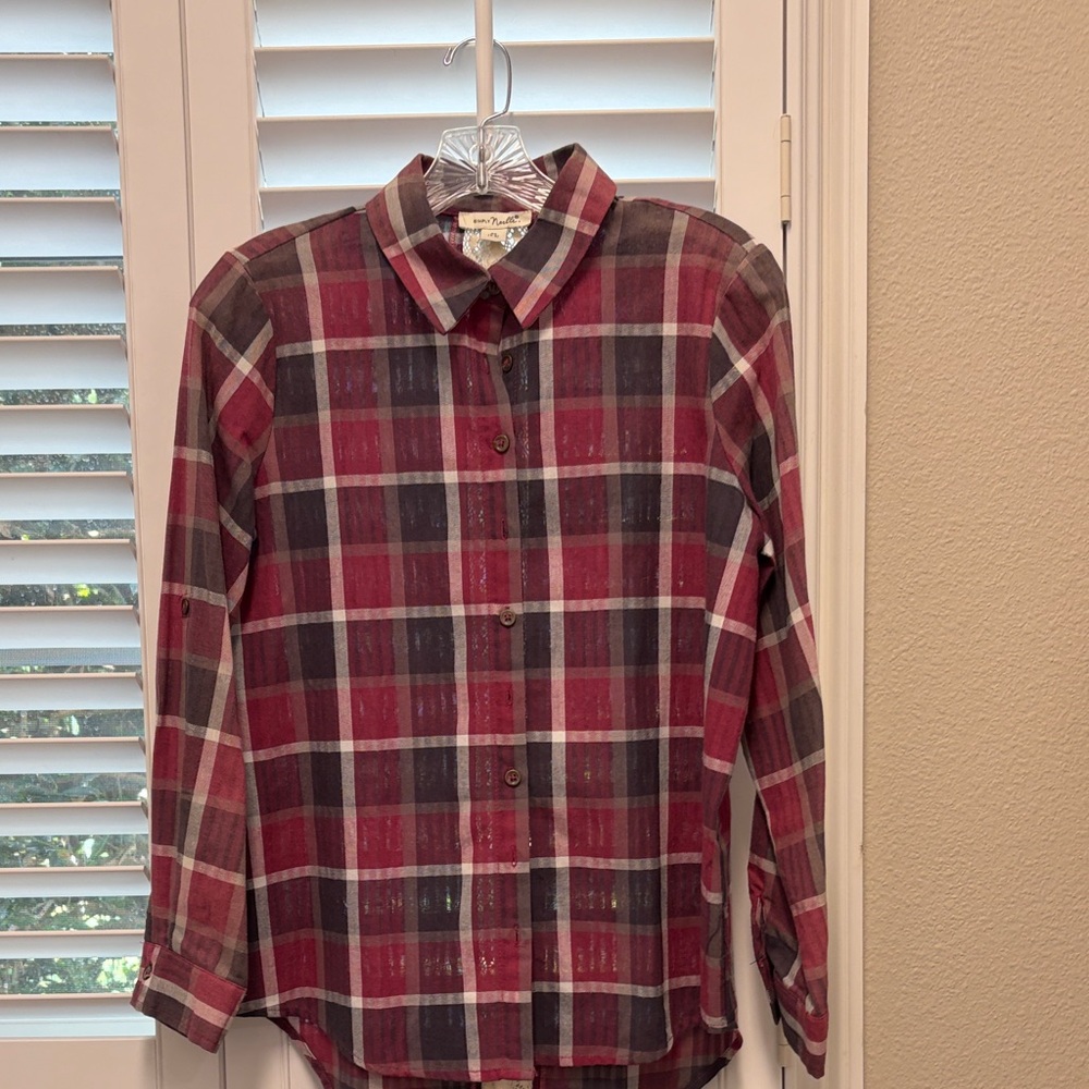 Ladies Plaid Button-Down XS Shirt With Lace Backing - Red Multi